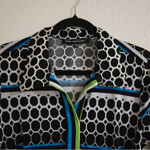 "Mlle Gabrielle" Dress, Stylish Black, Blue, Green And White Patterned Dress - Picture 4 of 16